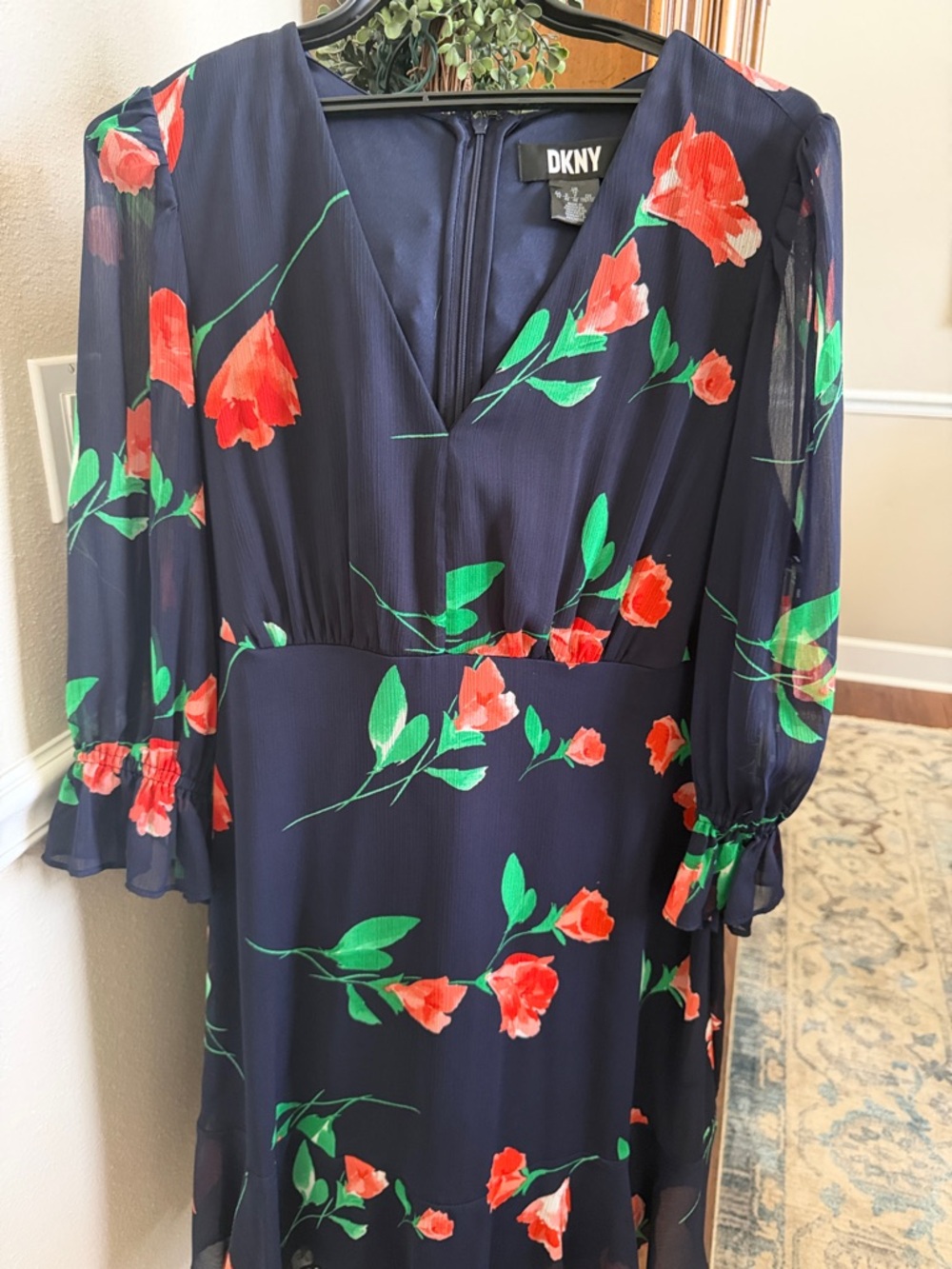 DKNY Navy Floral Long Sleeve V-Neck Dress with Red & Green Print